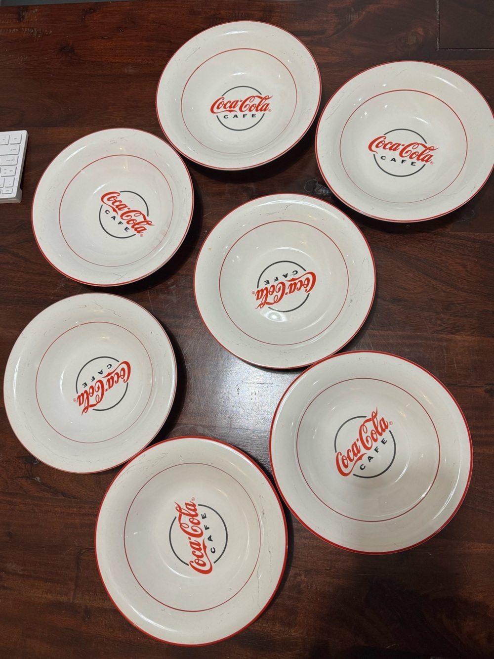 Coca Cola Red and White Cafe Ceramic Soup or Pasta Bowls - Set of 7 Vintage Y2K